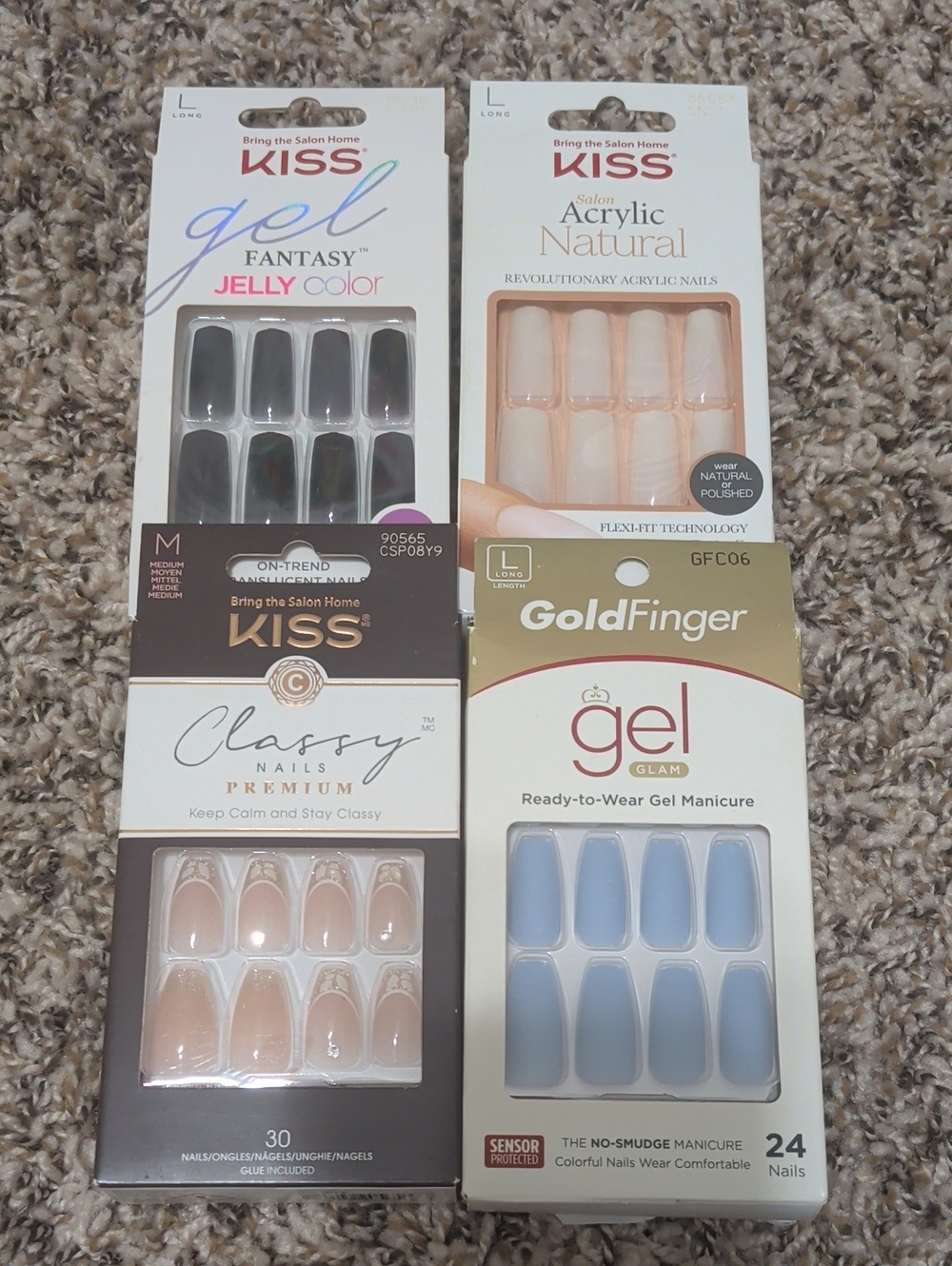Kiss four multicolor pack press on nails blue clear acrylic black gold tip